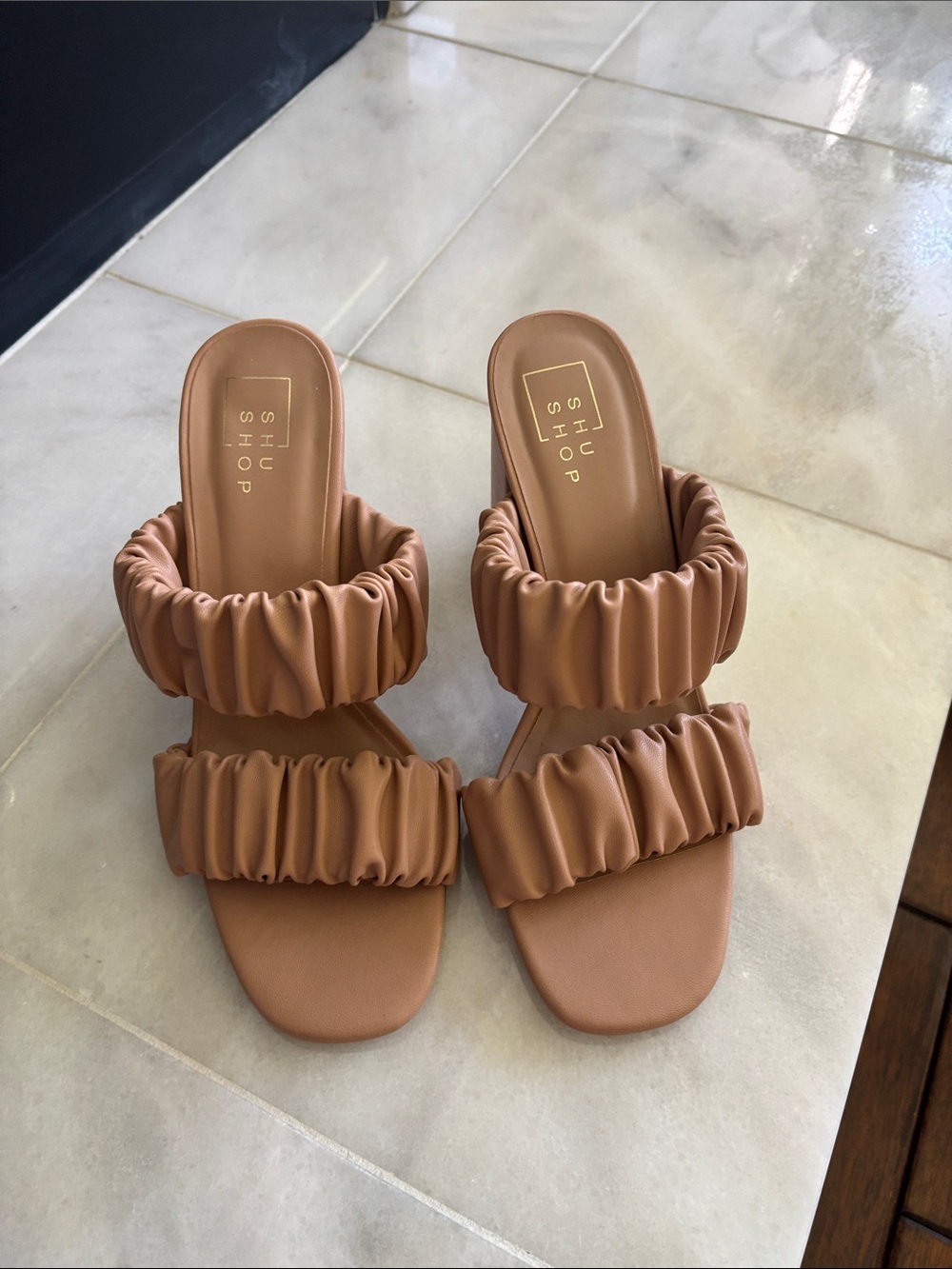 ShuShop Ruched Double-Strap Slide Mules - Tan